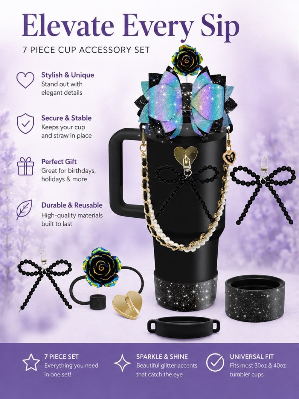 ✨ 7-Piece Tumbler Cup Accessory Set – Black Gold Glam